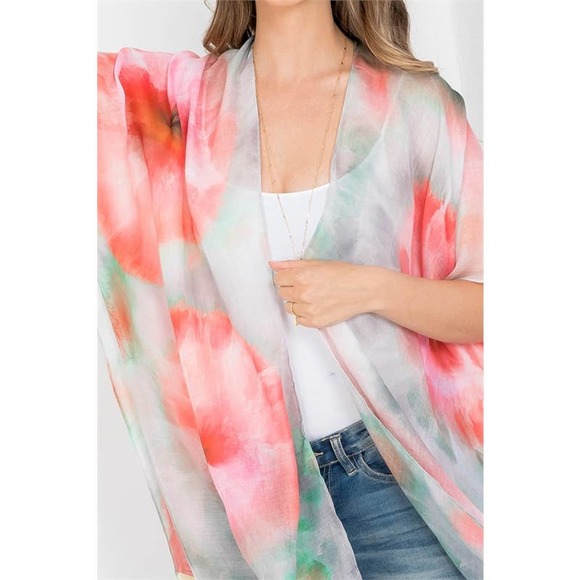 Pink Green Sunburst Print Tie Dye Open Front Kimono - Picture 2 of 6